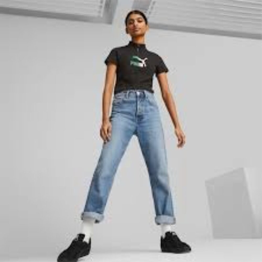 Puma Classic Quarter-Zip Tee Slim Fit Black with Green/White Logo Women's Small
